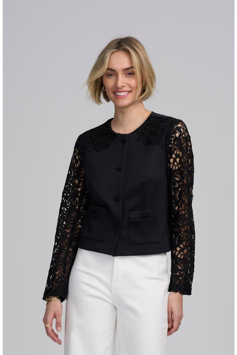 Lace Satin Jacket, Alternate, color, BLACK