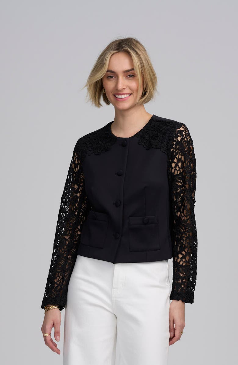ELLE Collection Lace Satin Jacket, Alternate, color, Black