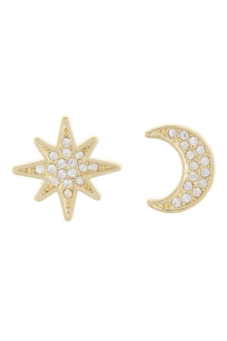 Moon and Star CZ Pavé Stud Earrings, Main, color, GOLD