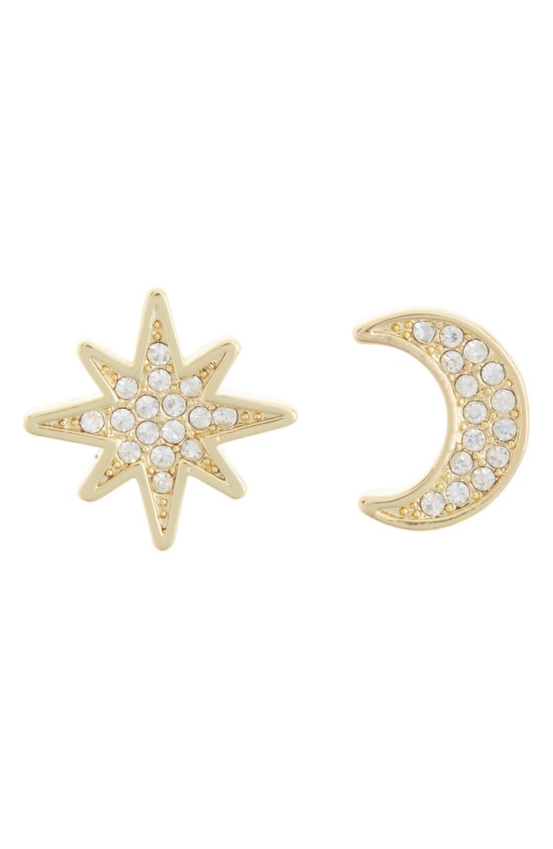 Covet Moon and Star CZ Pavé Stud Earrings, Main, color, Gold