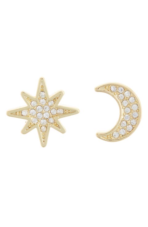 Moon and Star CZ Pavé Stud Earrings