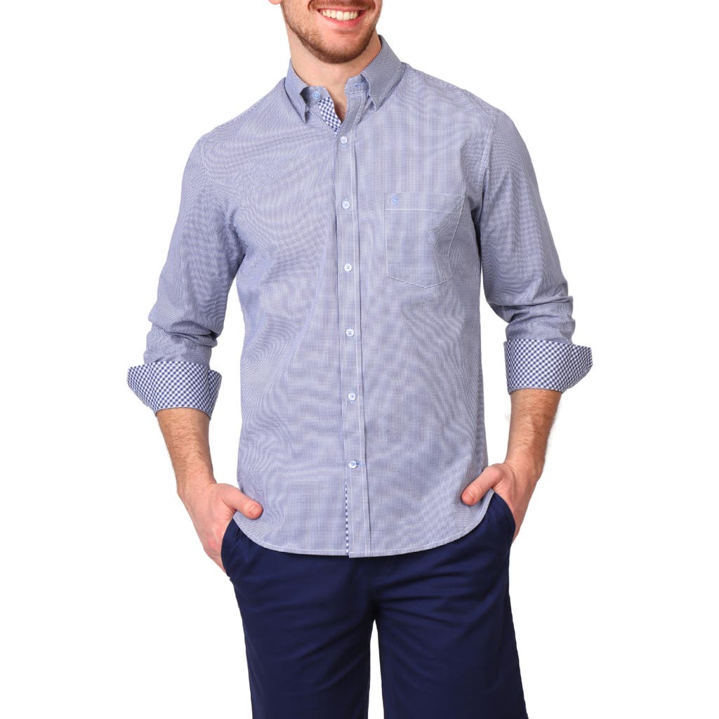 Tailorbyrd Micro Gingham Stretch Cotton Button-up Shirt In Navy