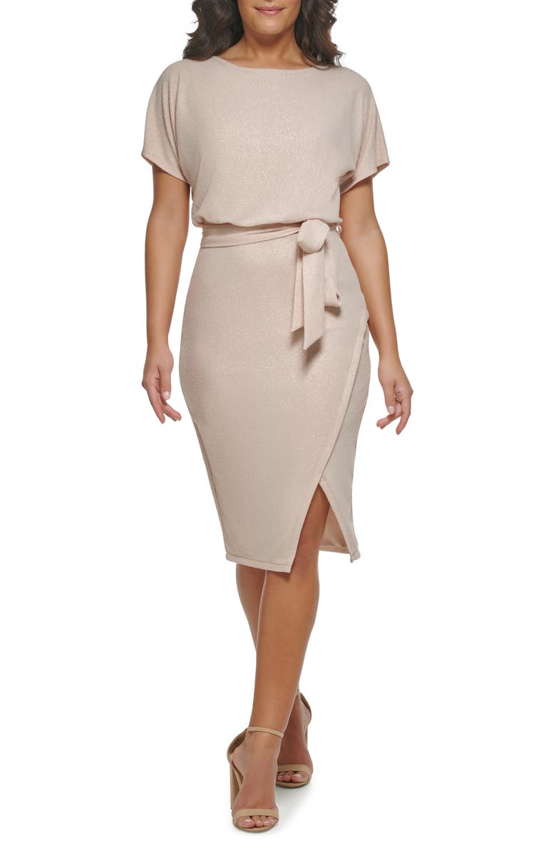 Kensie Shimmer Crepe Knit Dress, Main, color, Champagne