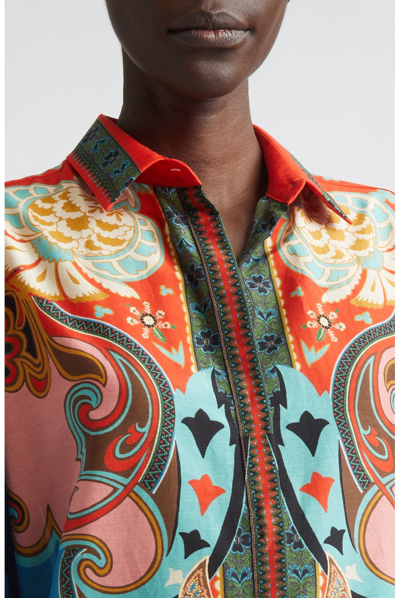 Print Cotton & Silk Tunic Button-Up Shirt, Alternate, color, PRINT ON BLUE BASE