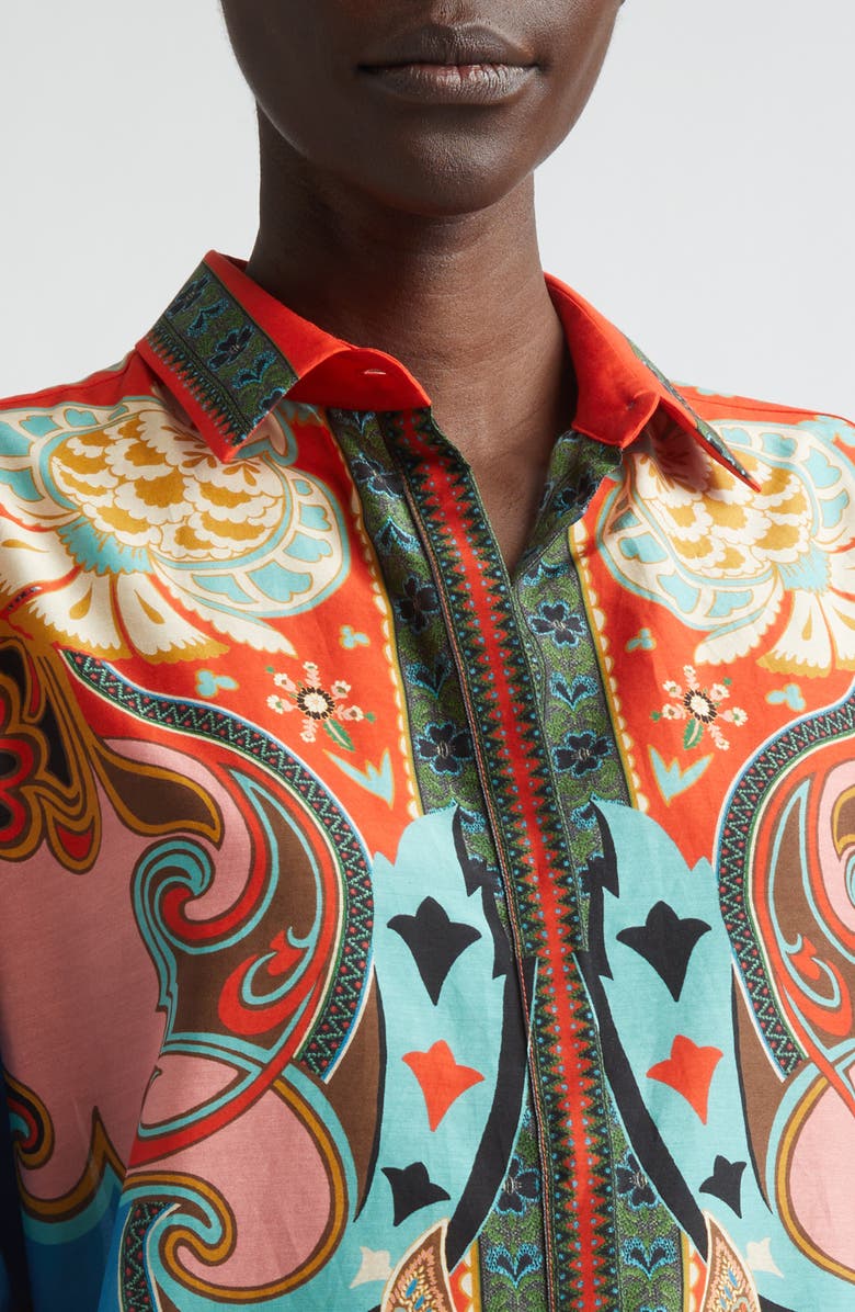 Etro Print Cotton & Silk Tunic Button-Up Shirt, Alternate, color, Print On Blue Base