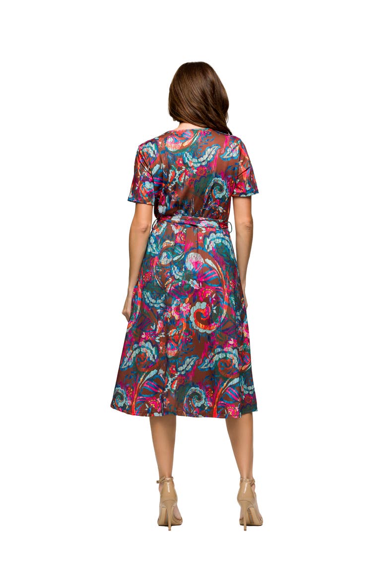 Maternity Brown and Pink Print Short Sleeve Tie Waist Midi Dress, Alternate, color, Brown Multi