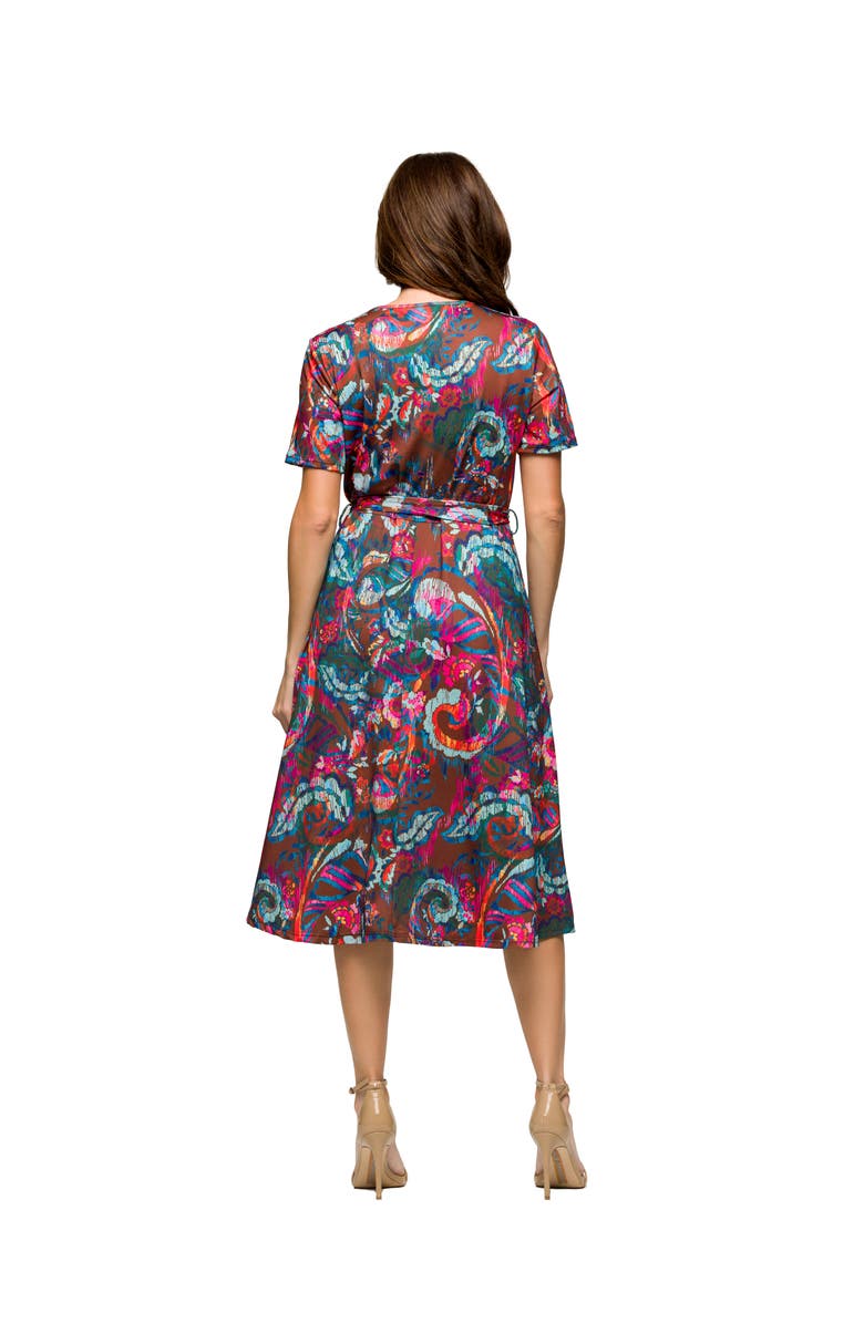 24seven Comfort Apparel Maternity Brown and Pink Print Short Sleeve Tie Waist Midi Dress, Alternate, color, Brown Multi