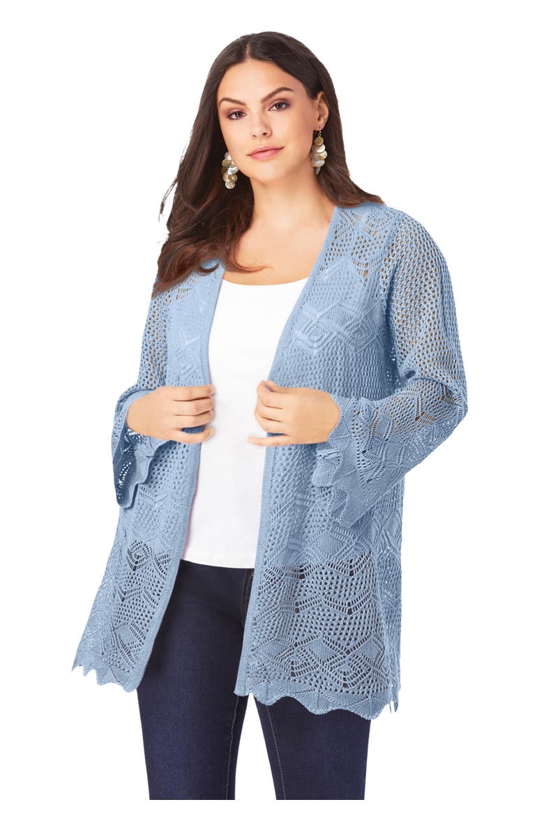 Bell Sleeve Pointelle Cardigan, Main, color, PALE BLUE