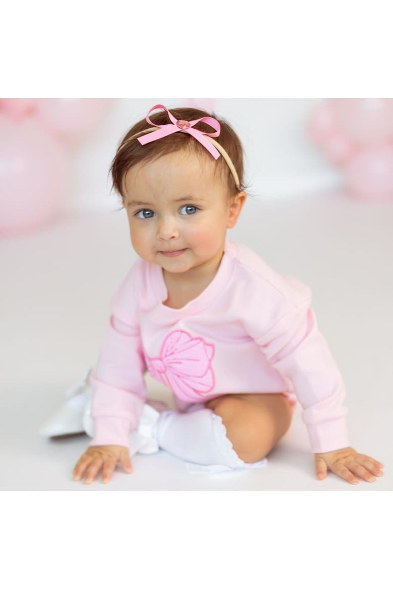 Pink Bow Sequin Patch Long Sleeve Romper, Alternate, color, Ballet Pink