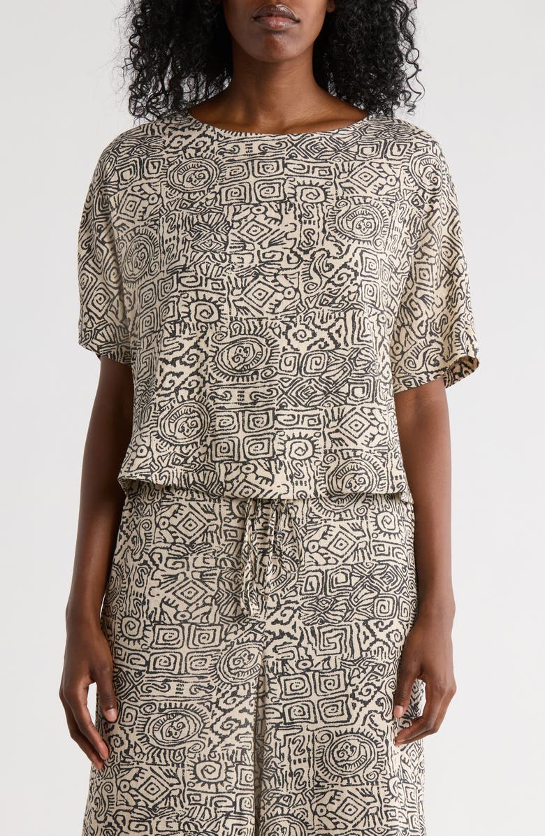 Adrianna Papell Boxy Short Sleeve Button-Up Top, Main, color, Black/ Cream