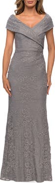 La Femme Lace Off The Shoulder Cap Sleeve Evening Dress
