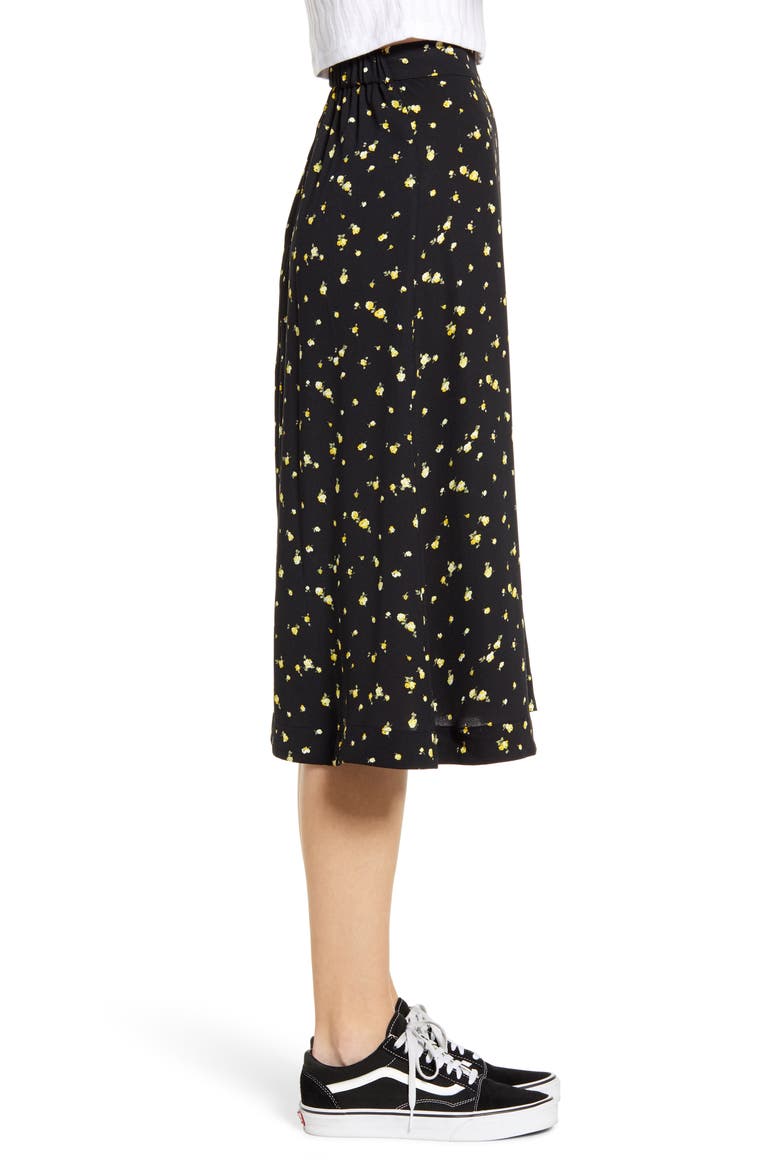 Floral Side Button Midi Skirt, Alternate, color, BLACK SCATTERED BLOOMS