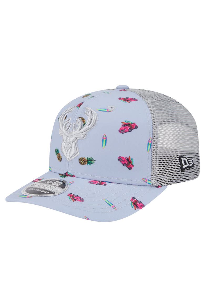 Men's New Era Light Blue/Gray Milwaukee Bucks Adventure Aloha Pattern 9SEVENTY Stretch-Snap Hat, Main, color, Light Blue