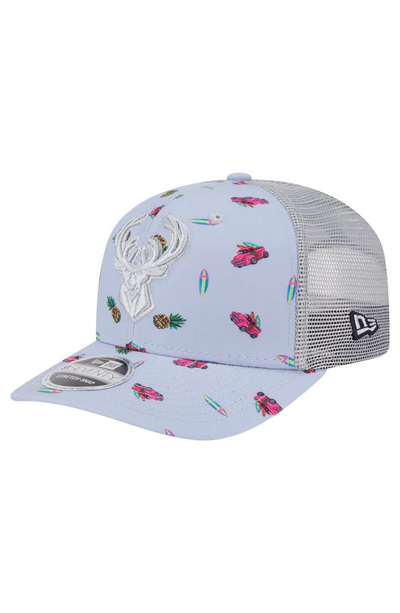 New Era Men's New Era Light Blue/Gray Milwaukee Bucks Adventure Aloha Pattern 9SEVENTY Stretch-Snap Hat, Main, color, Light Blue