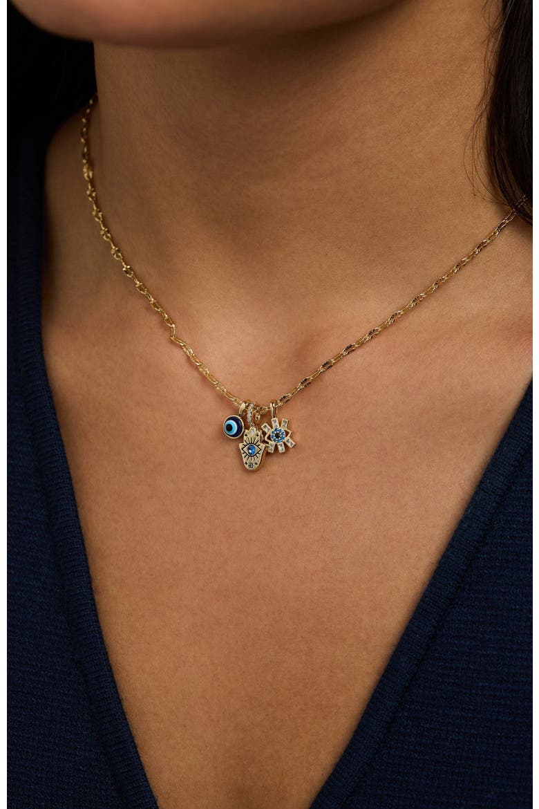 Evil Eye Triple Charm Necklace, Alternate, color, Gold Blue
