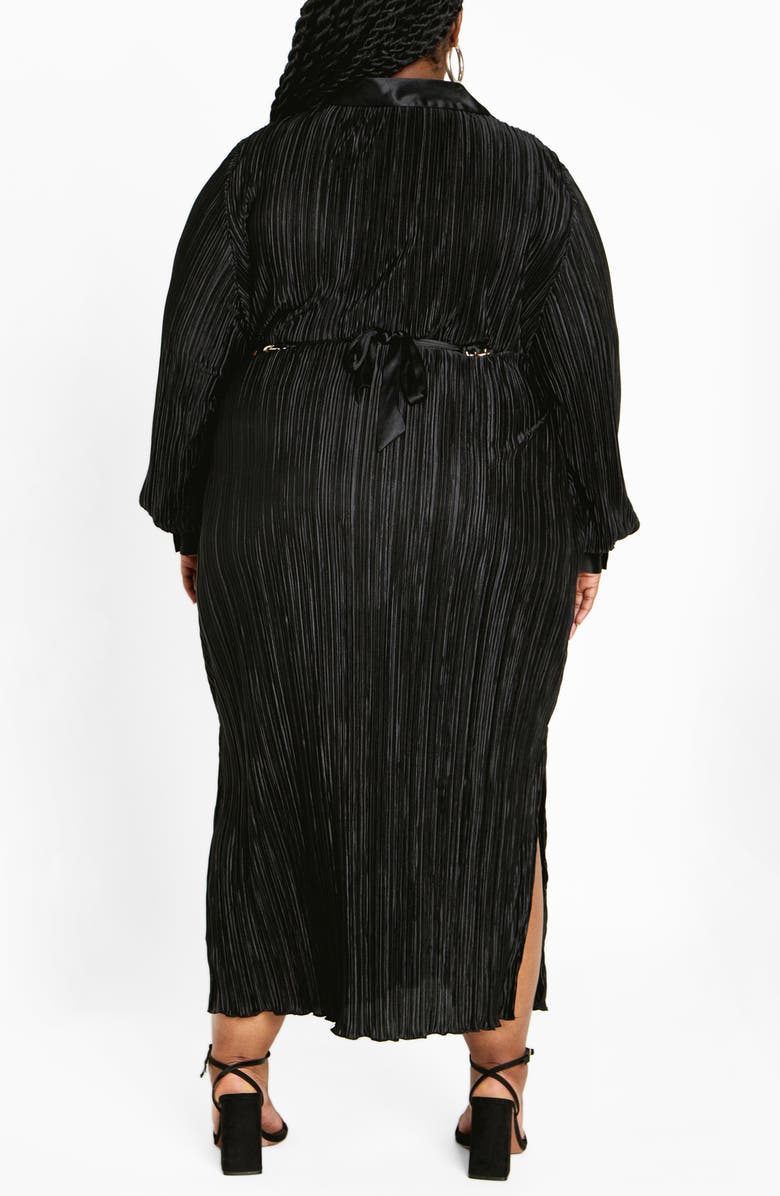 City Chic Amirah Plissé Long Sleeve Maxi Shirtdress, Alternate, color, Black