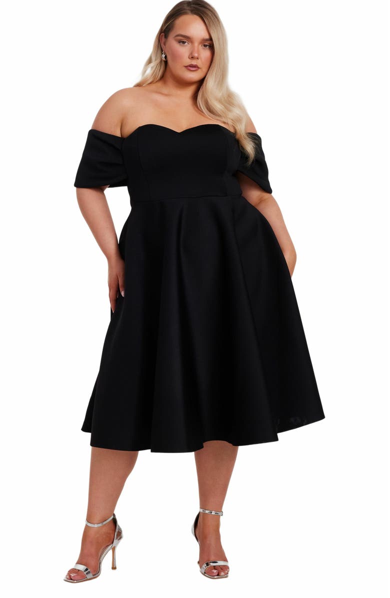 QUIZ Plus Size Bardot Scuba Foam Skater Dress, Main, color, 