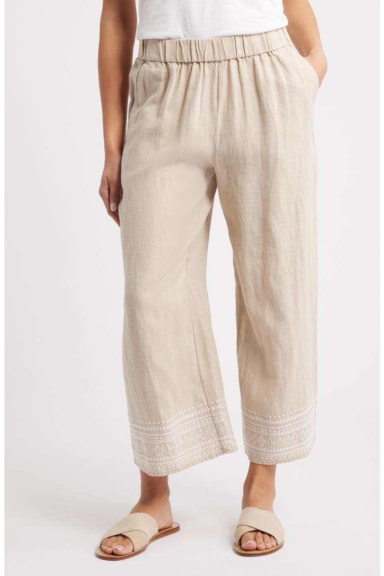 Two Palms Embroidered Wide Leg Linen Pants, Main, color, NATURAL LINEN