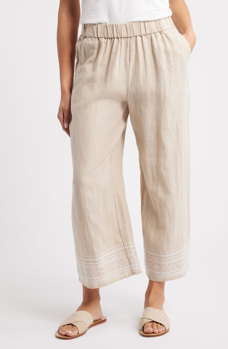 Tommy Bahama Two Palms Embroidered Wide Leg Linen Pants, Main, color, Natural Linen