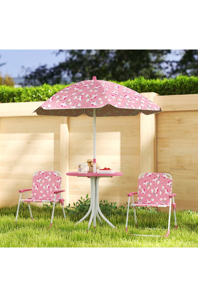 Kids Outdoor Picnic Table with Folding Chairs and Umbrella, Alternate, color, Pink
