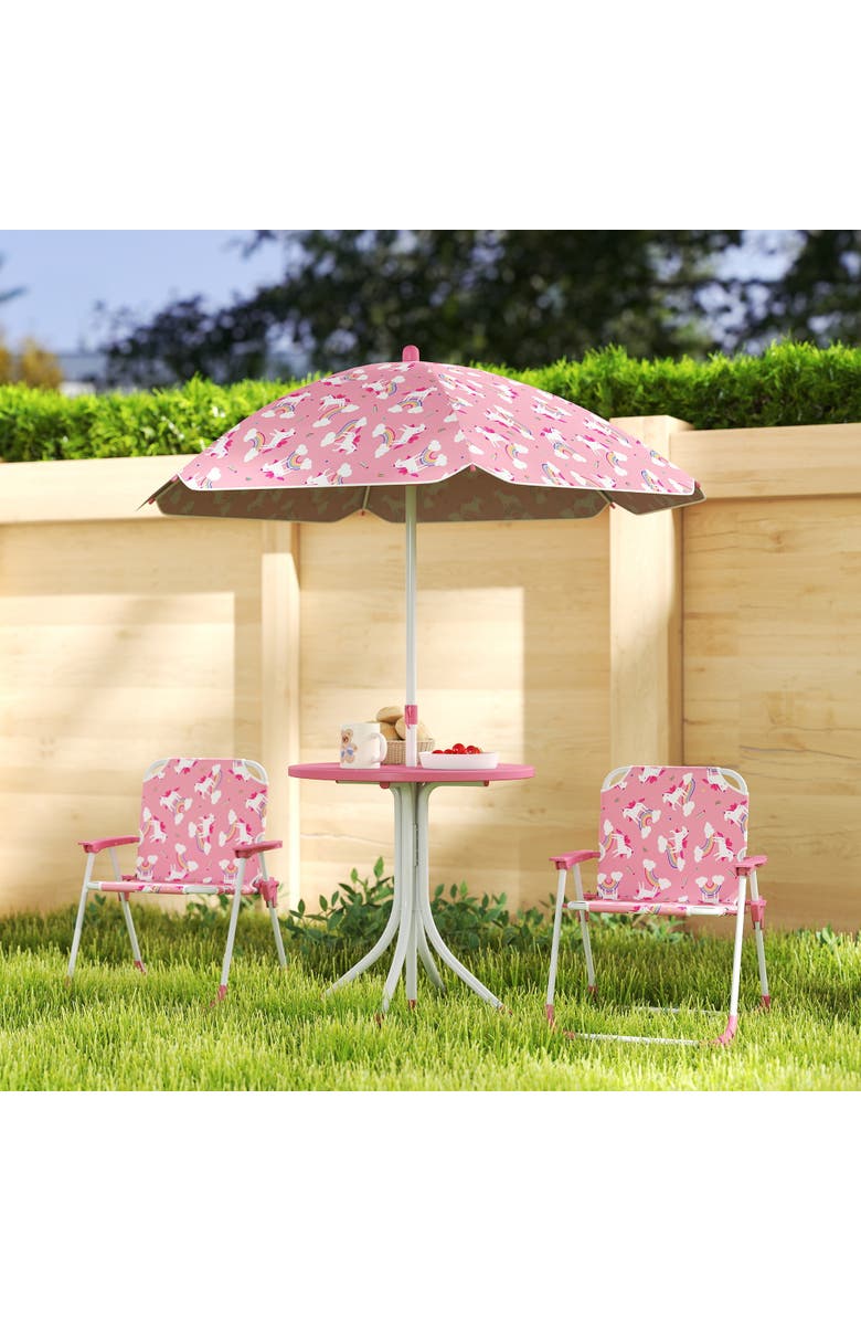 Qaba Kids Outdoor Picnic Table with Folding Chairs and Umbrella, Alternate, color, Pink