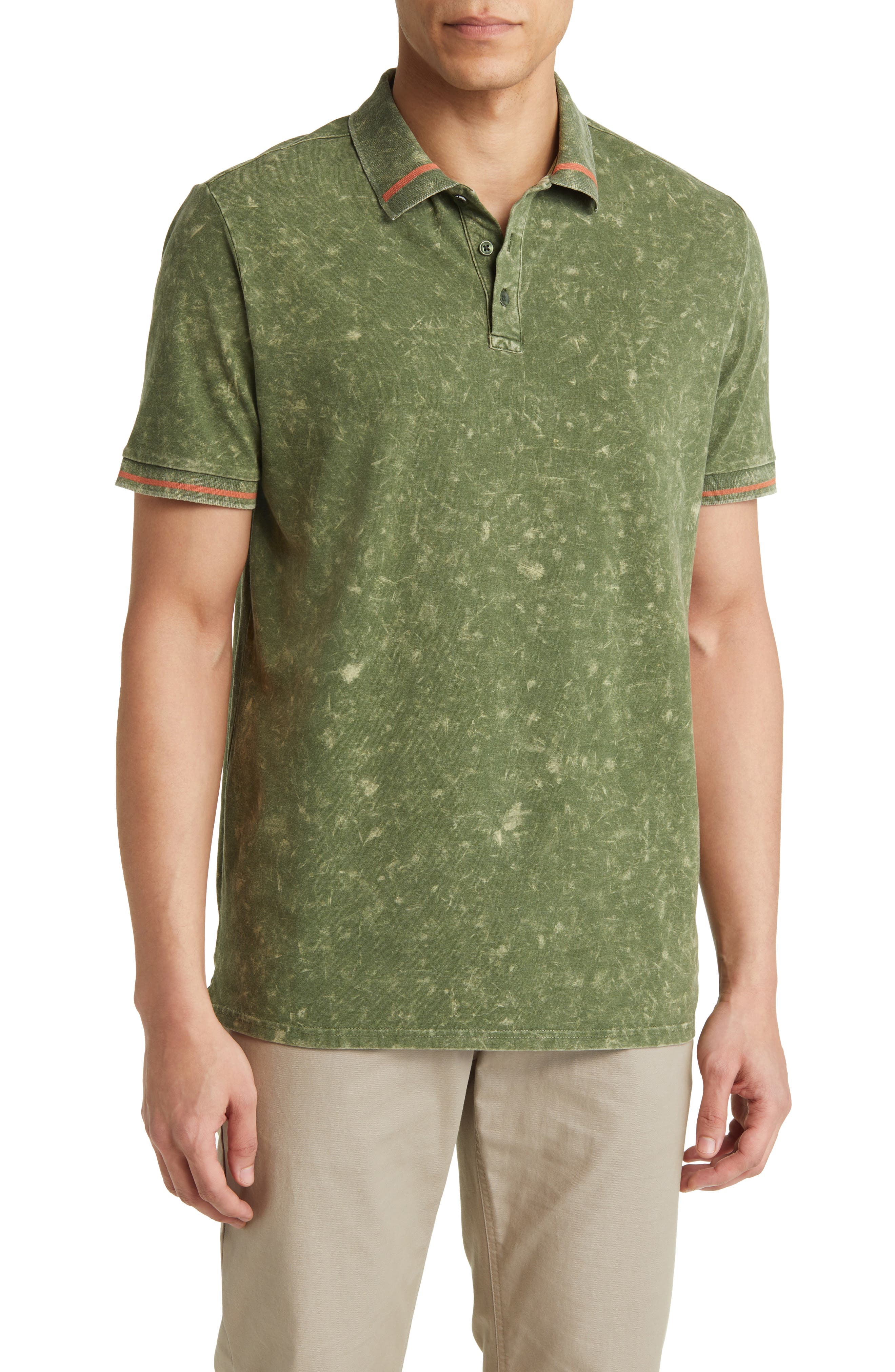 Stone Rose Tipped Acid Wash Performance Jersey Polo in Olive