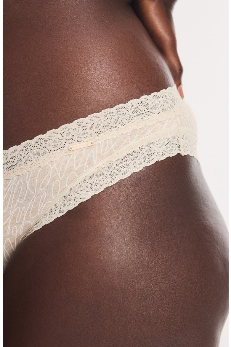 Essentials Lace Trim Stretch Cotton Cheeky Briefs, Alternate, color, BEIGE LATTE HEATHER SIGN OFF