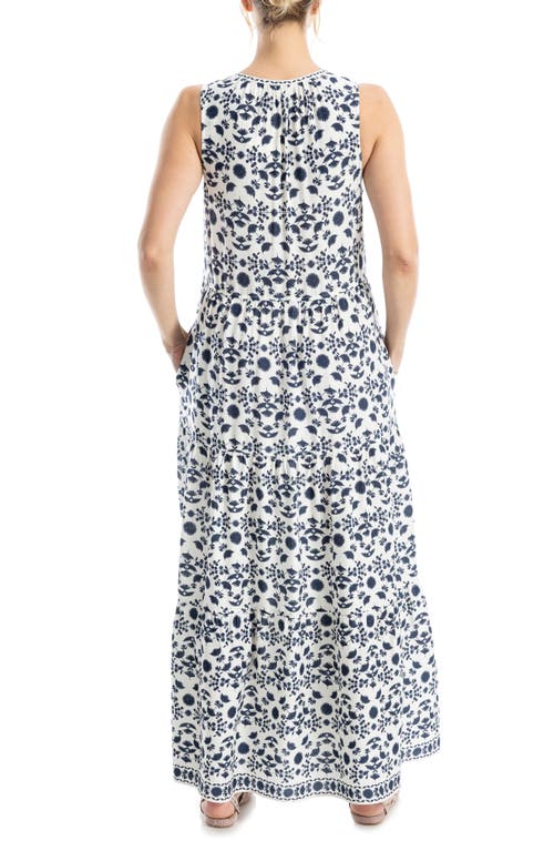 Max Studio Sleeveless Tiered Maxi Dress In Cream/navy Stitch Floral