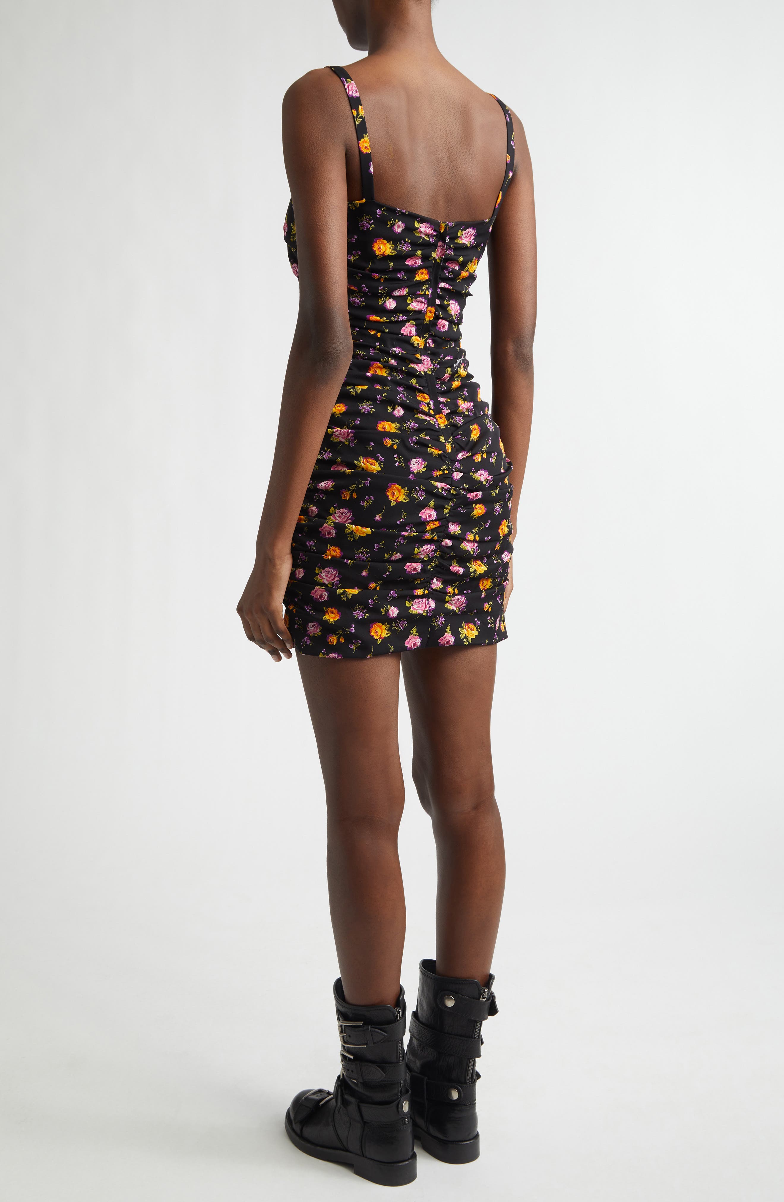 Rose Bouquet Ruched Stretch Silk Charmeuse Minidress - image 2