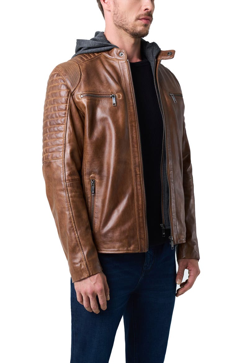 Belmont Leather Jacket With Hood And Chestpiece, Alternate, color, Honey