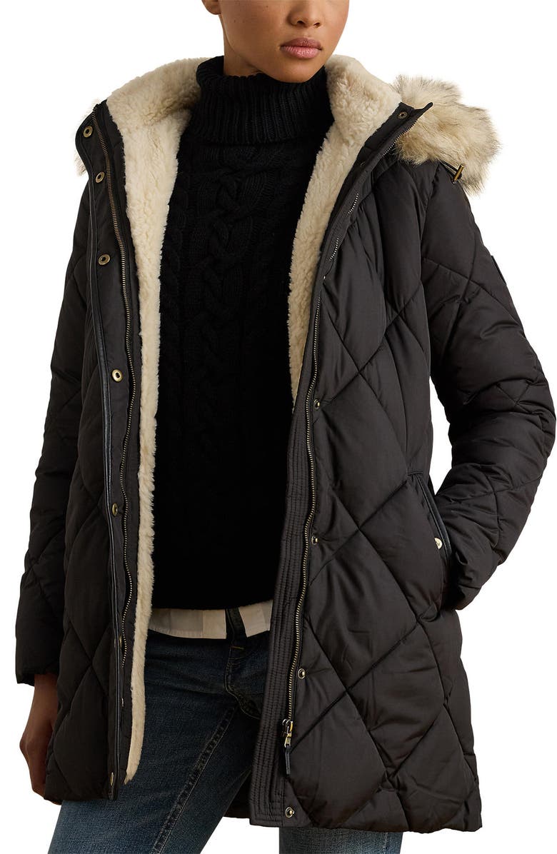 Lauren Ralph Lauren Faux Fur Trim Hooded Puffer Jacket, Main, color, Black
