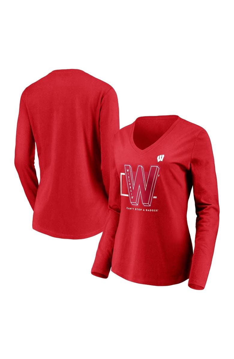 FANATICS Women's Fanatics Branded Red Wisconsin Badgers Can't Stop a Badger V-Neck Long Sleeve T-Shirt, Main, color,