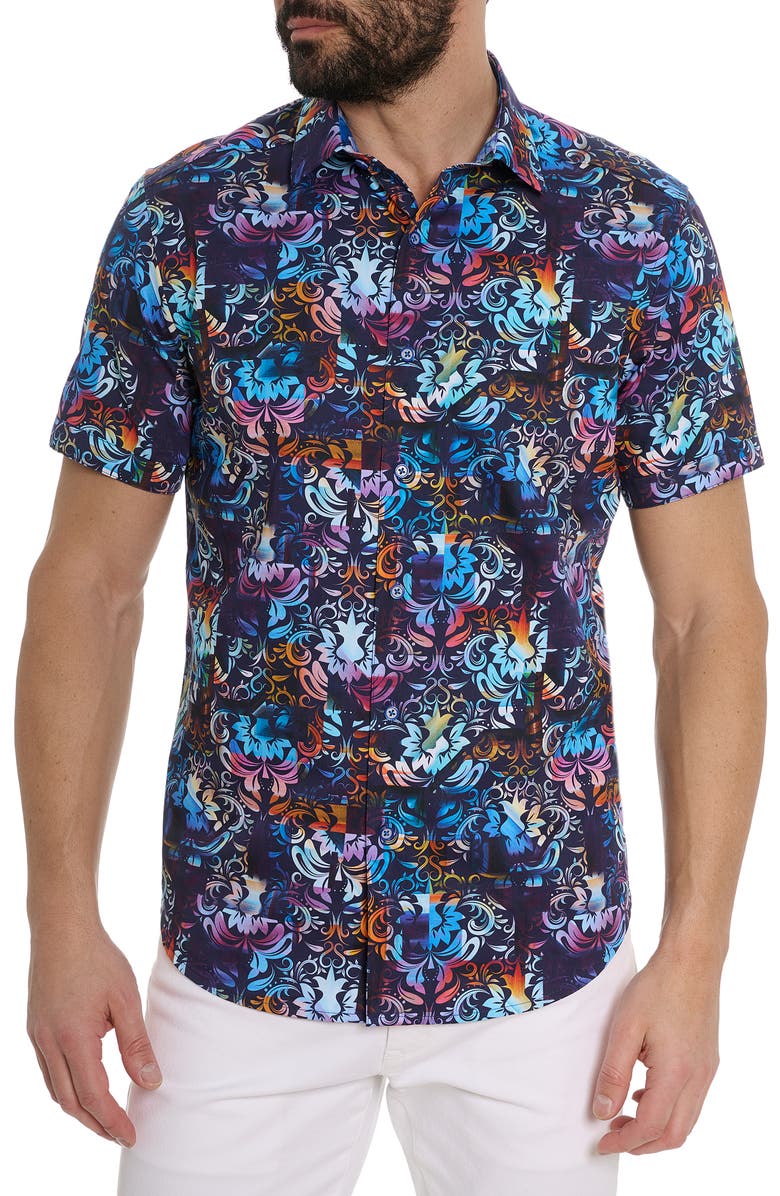 Robert Graham Wallpaper Print Short Sleeve Shirt, Main, color, Blue Multi
