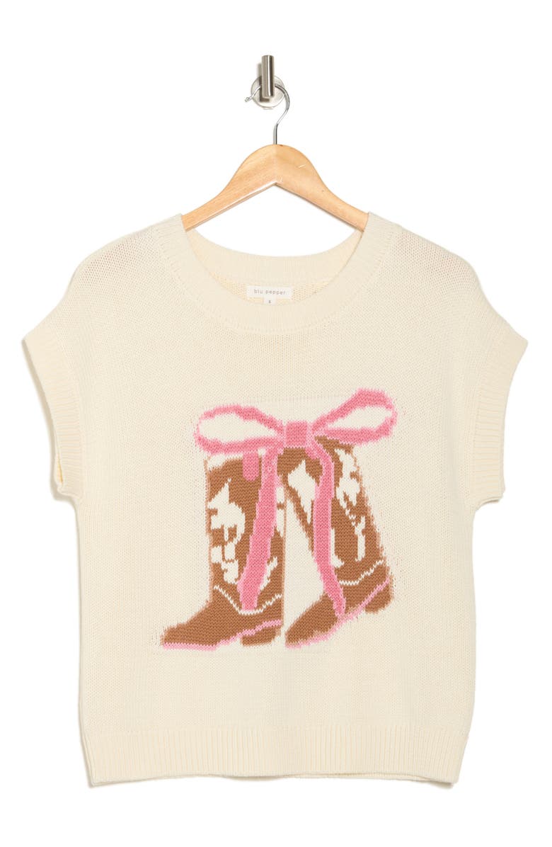 Blu Pepper Cowboy Boots Graphic Short Sleeve Sweater, Alternate, color, Cream