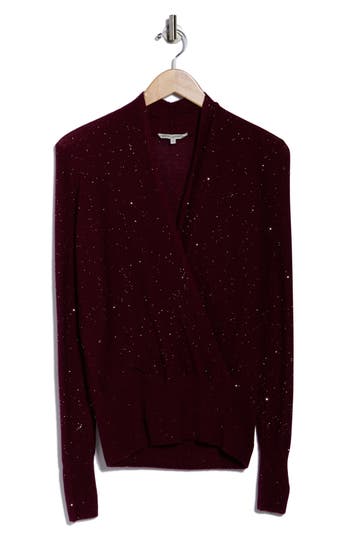 Sofia Cashmere Sequin Faux Wrap Sweater In Burgundy