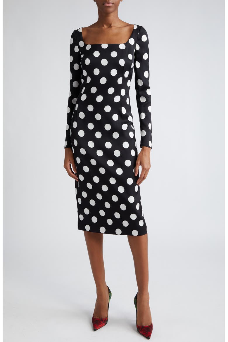 Polka Dot Long Sleeve Charmeuse Sheath Dress, Main, color, NERO
