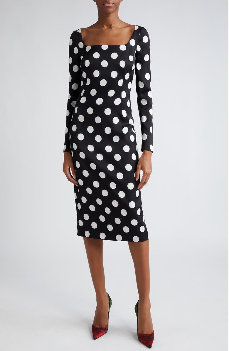 Dolce&Gabbana Polka Dot Long Sleeve Charmeuse Sheath Dress, Main, color, 