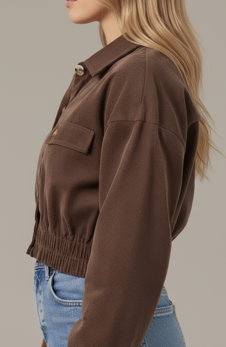 Modenaire Cropped Collared Button-Up Stretch Hem Jacket, Alternate, color, Brown