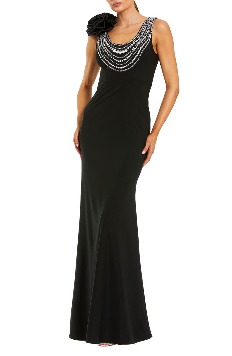 Mac Duggal Beaded Scoop Neck Jersey Gown With 3D Flower, Main, color, Black