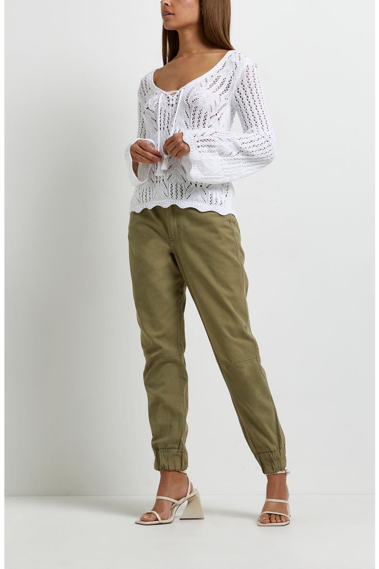 Crochet Lace-Up Cotton Sweater, Alternate, color, CREAM