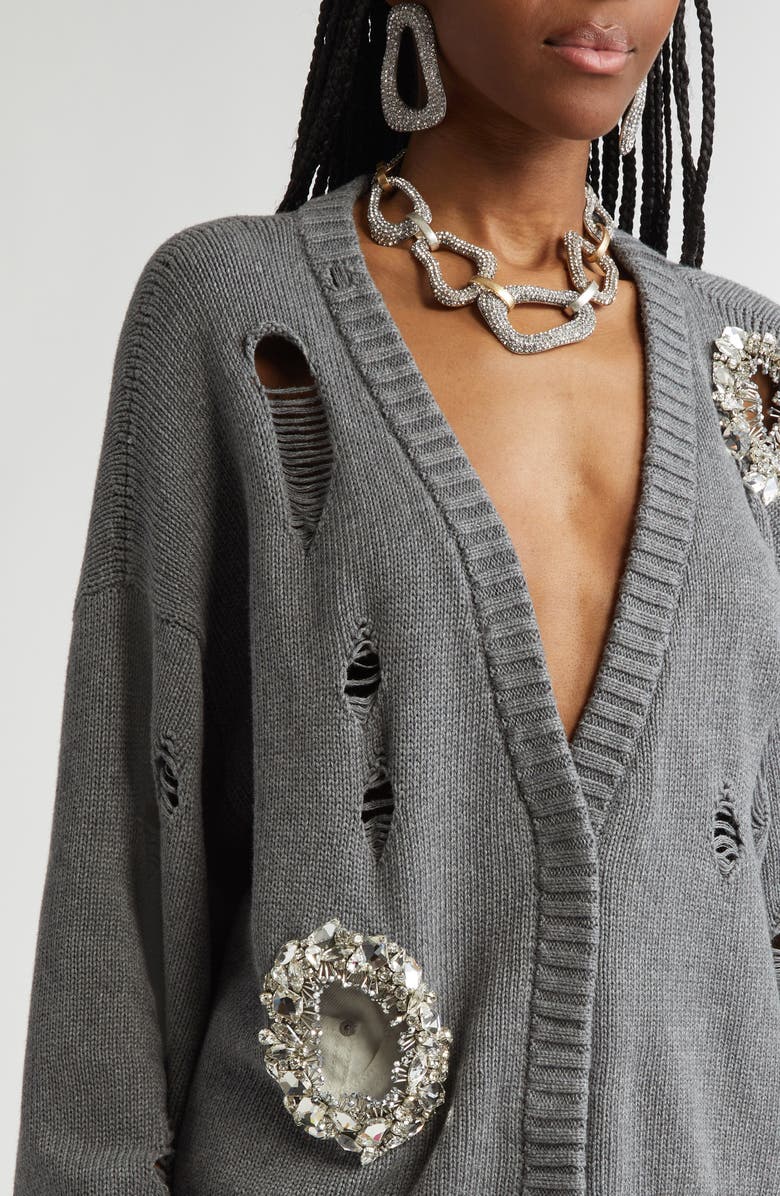 Area Distressed Crystal Cardigan, Alternate, color, Heathered Grey
