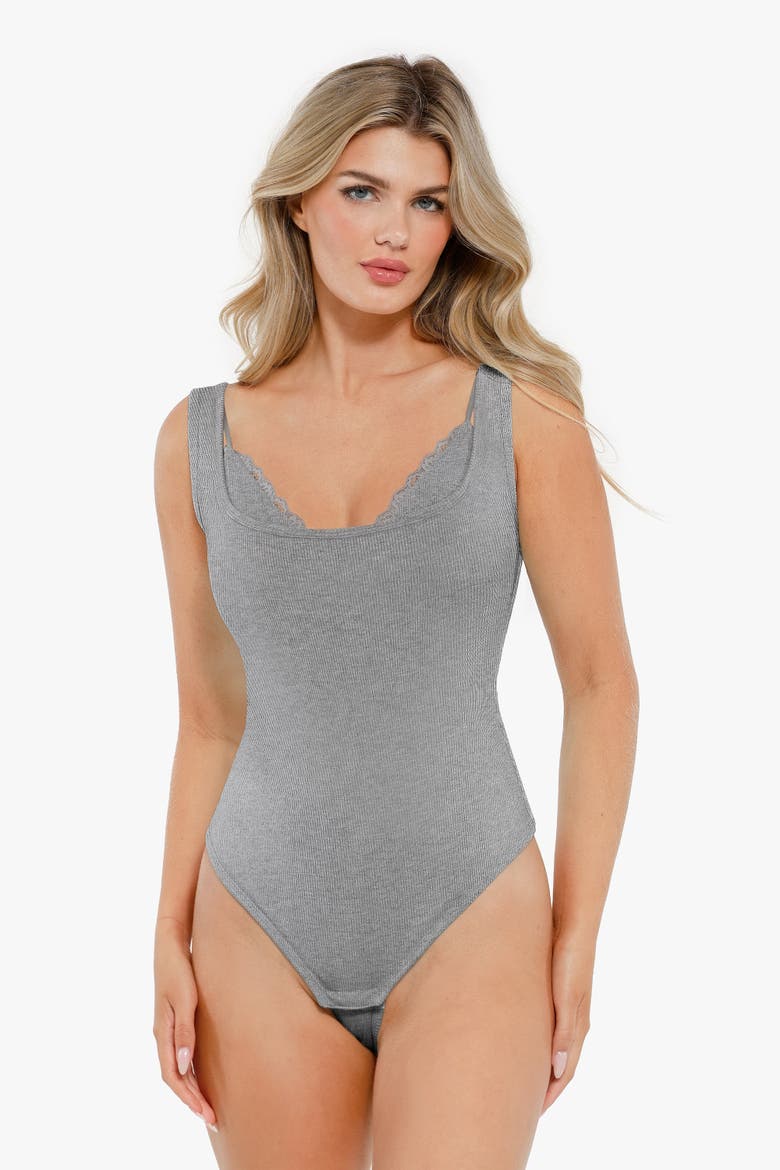 Shapewear Modal Tummy Control Inner Lace Cami Bodysuit, Alternate, color, Paynes Grey