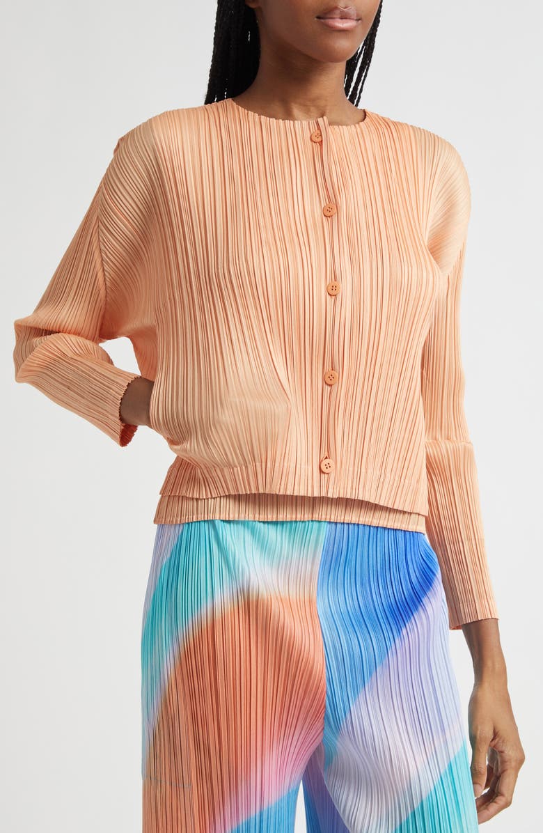 Pleats Please Issey Miyake Monthly Colors August Pleated Cardigan, Alternate, color, Coral Orange