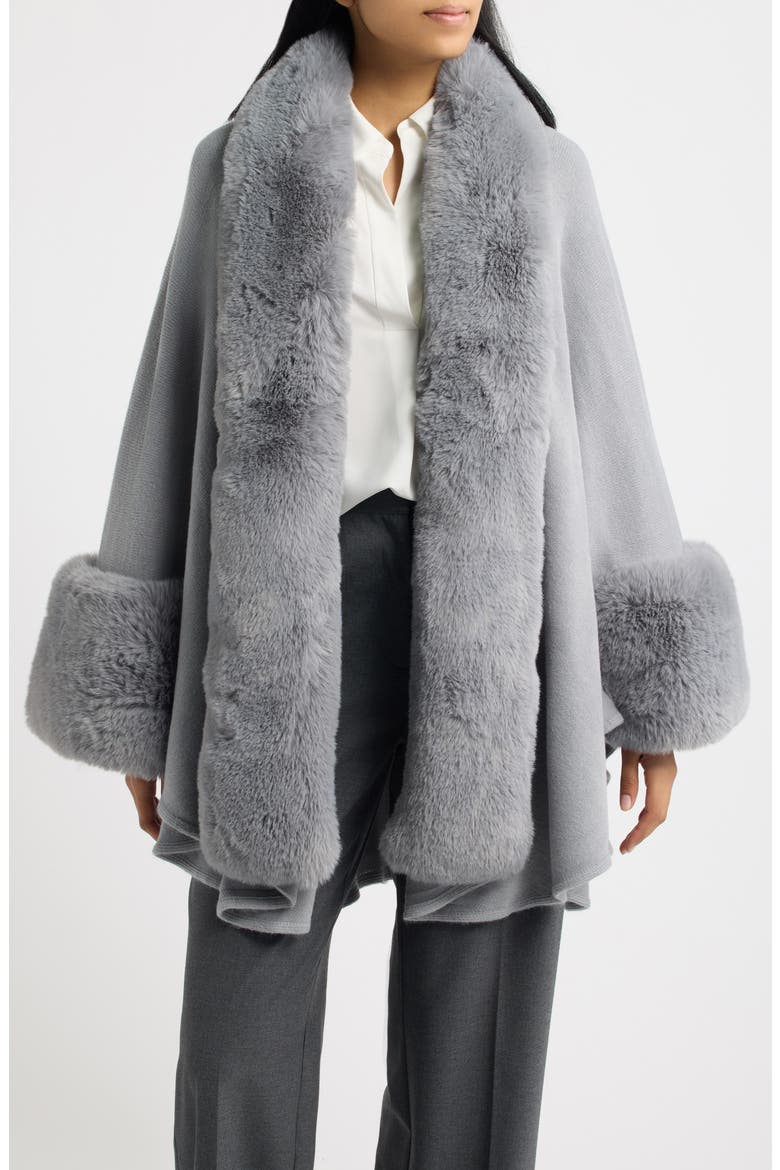 Faux Fur Trim Knit Ruana, Main, color, GREY