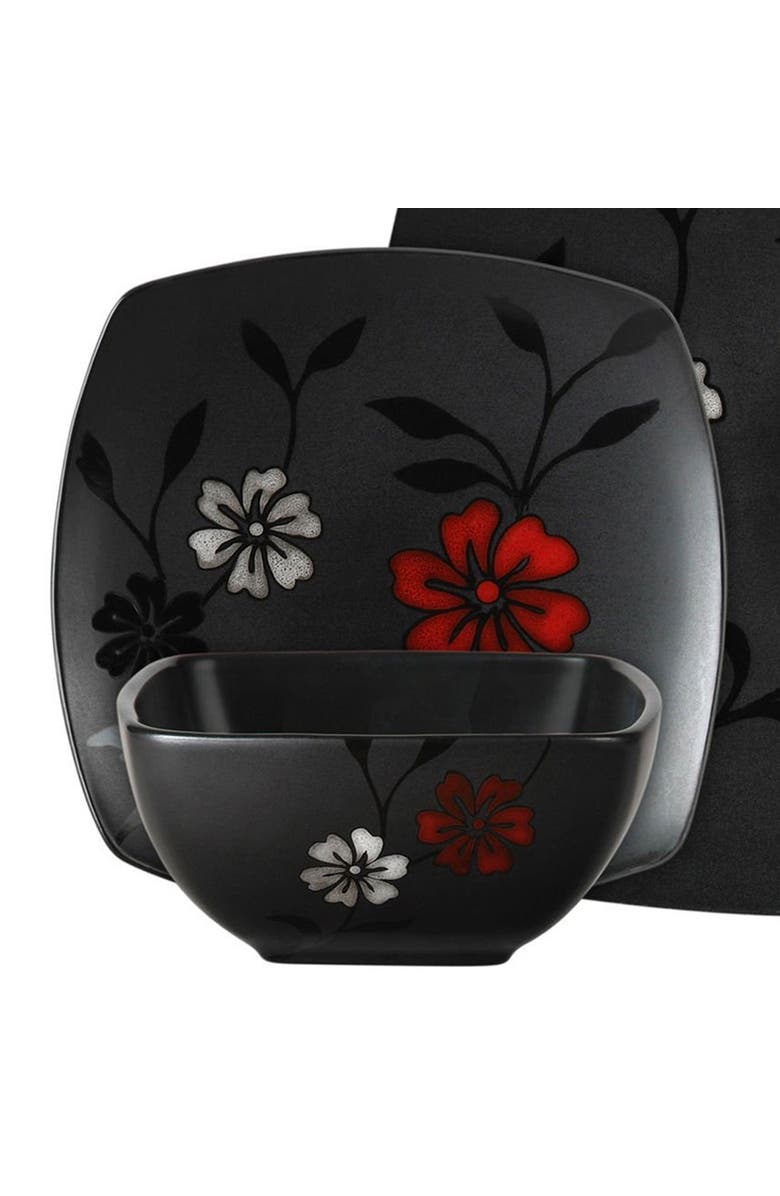Gibson Elite 16-Piece Evening Blossom Dinnerware Set, Alternate, color, Black And Red