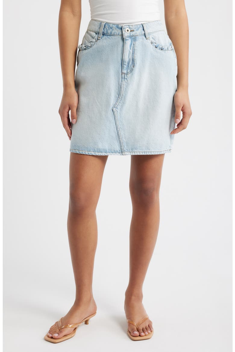 Ruffle Pocket Denim Miniskirt, Main, color, LIGHT BLUE BLEACHED