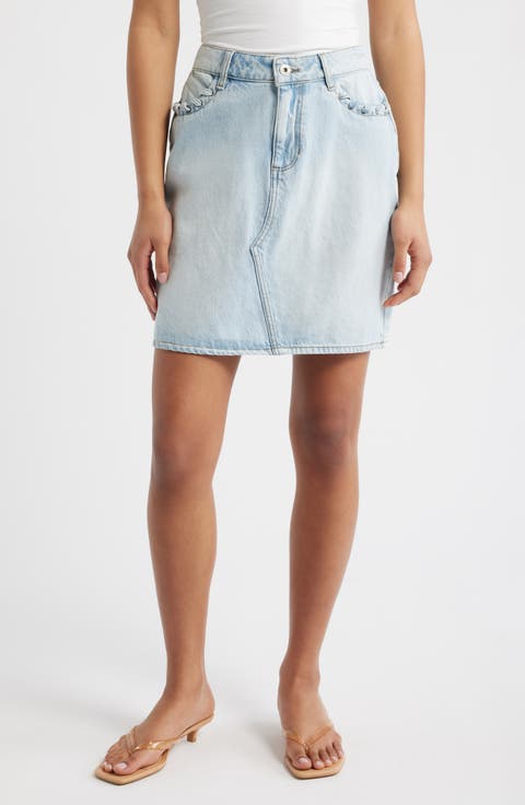 Ruffle Pocket Denim Miniskirt (Light Blue Bleached)