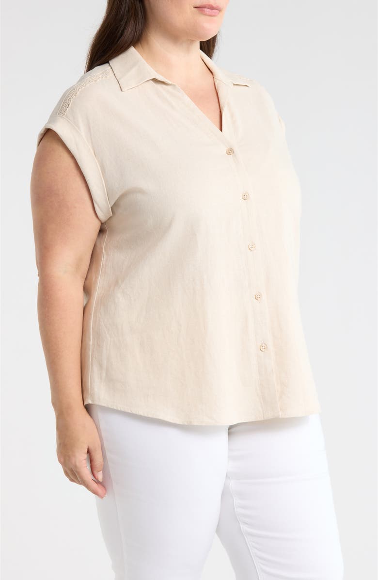 Jones New York Lace Trim Linen Blend Button-Up Shirt, Alternate, color, Natural Stone