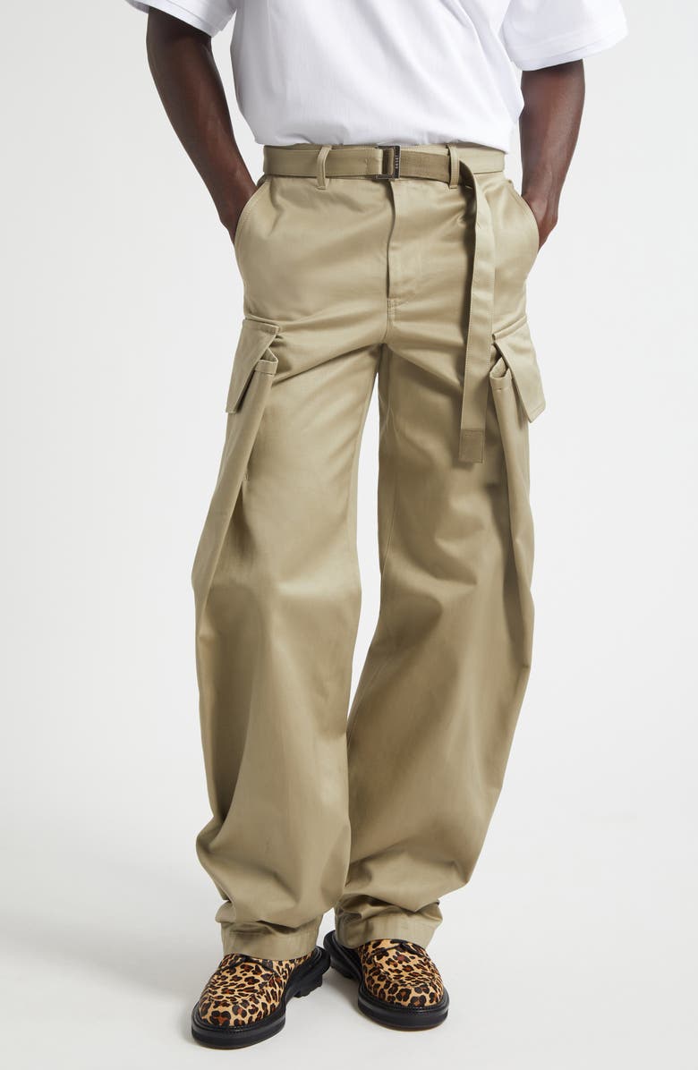 Sacai Belted Cotton Twill Cargo Chinos, Main, color, Beige