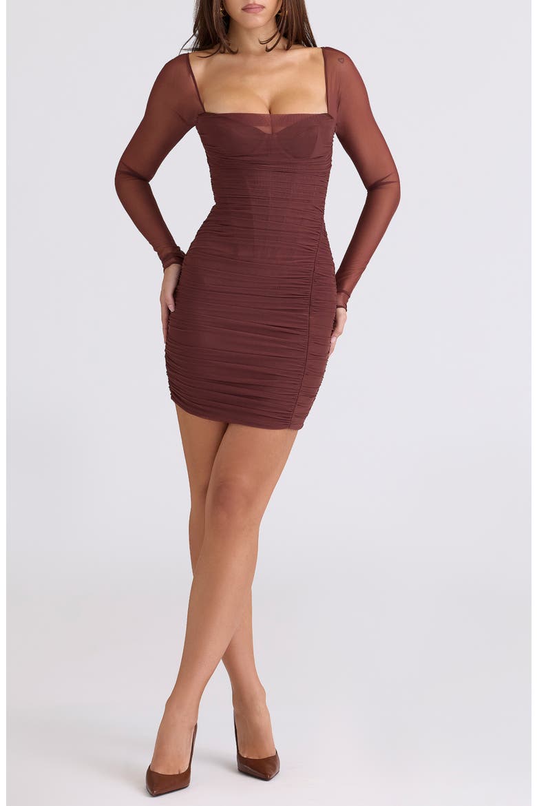 Anouk Long Sleeve Mesh Body-Con Minidress, Main, color, MOCHA